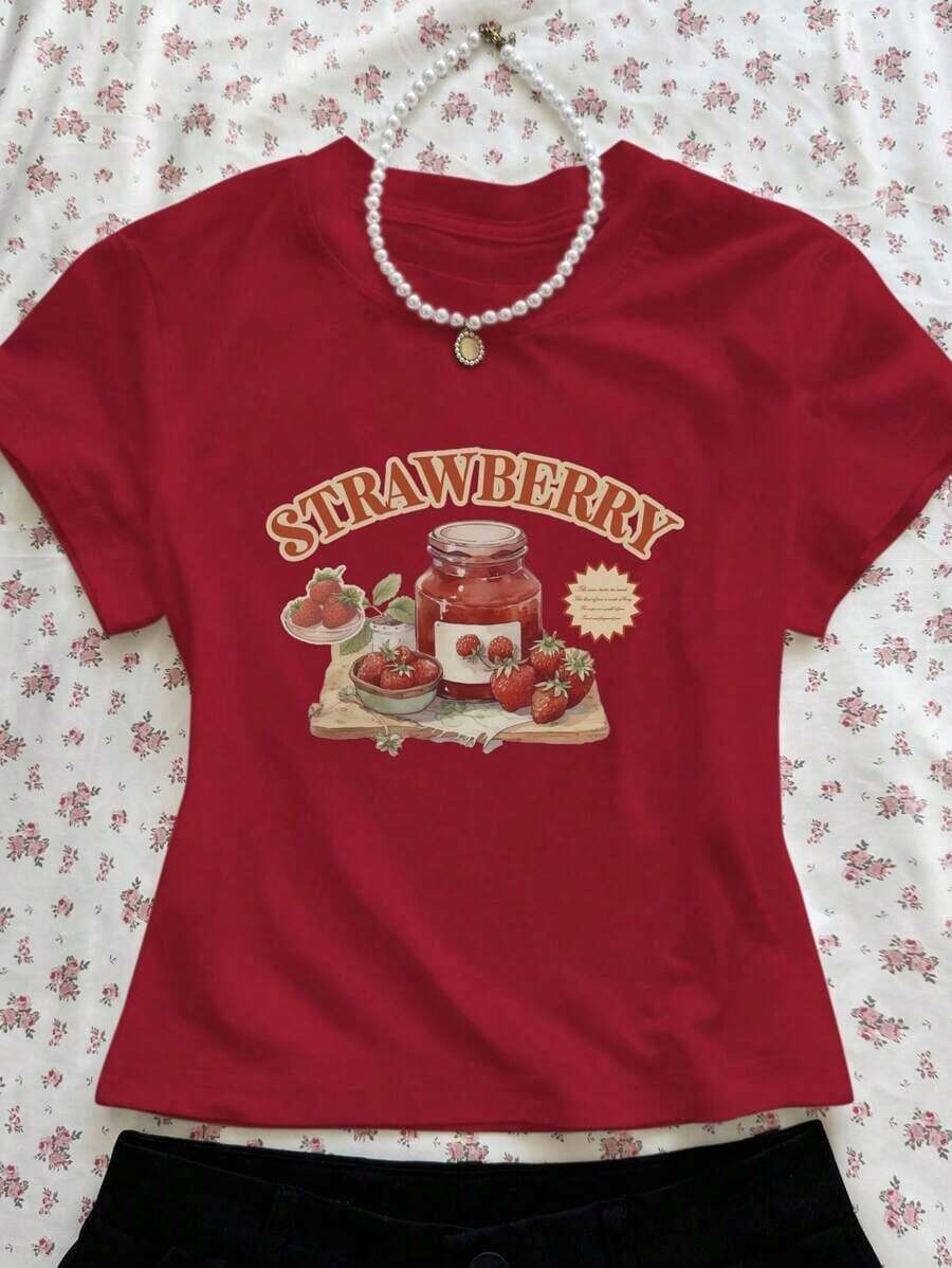 Y2K Style, Fashionable Style, 2026 Newest, Cute Style, Casual Style, Women's Blouses > Clothing. Women's Strawberry Letter Print Short Sleeve T-Shirt, Summer Graphic Tees For Women, Unisex, 180g (S-XXXL) - 紅色的 - 查看 1