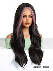 26 Inch Black Wavy Synthetic Woven Wig With Pink Highlights - Long Hair Style, No Bangs; Made Of Heat-Resistant Material, Perfect For Y2K Theme "Sweet & Cool" Parties, Campus Looks, Travel, Birthday Celebrations, Music Festivals And More - Multicolor - View 5