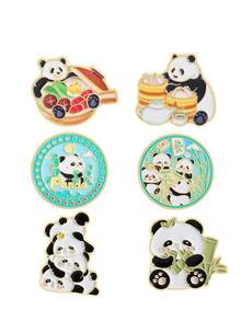 6 Pcs/Set Cartoon Multi-Style Panda Patterned Metal Brooches For Women, Can Be Used As Bag Pins And Clothing Accessories, Versatile For Daily Wear. - Multicolor - View 6