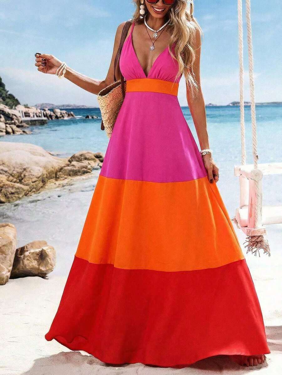 Vestido largo de mujer de cuello en V con bloques de color tejidos, atuendos de primavera y verano, ropa de verano, Día de San Valentín, atuendos de vacaciones para mujer, atuendos de playa para mujer - Multicolor - Ver 1