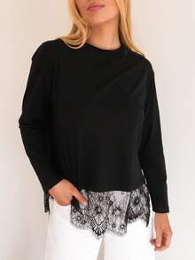 New Women's Fashion Elegant Daily Commute Long Sleeve Top, Lace Patchwork Hem Design Loose Fit Long Sleeve T-Shirt, Autumn New Arrival - Black - View 3