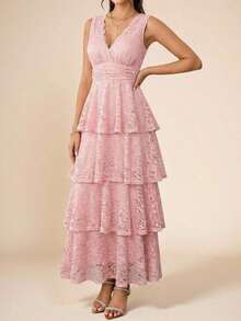 xheEllevyn Vestido de falda larga y elegante para mujer, vestido de diosa con cuello en V y cintura elástica, adecuado para banquetes y fiestas en otoño/invierno, color marrónxhe - Rosa - Ver 9