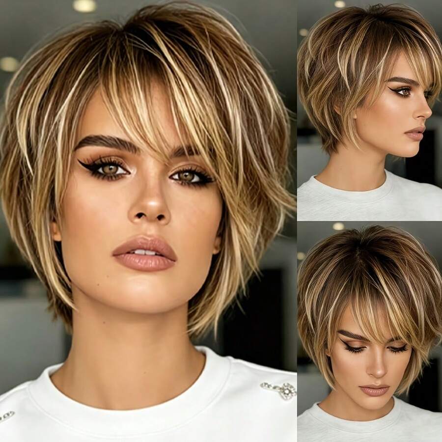 Women's Human Hair Short Wig, Brown With Gold, Style, Layered, With Bangs, No Glue No Front Band, Fully Machine Woven, Easy To Wear