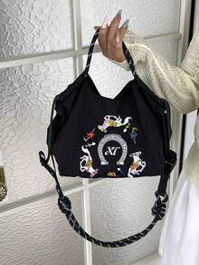 1pc Equestrian Embroidery + Knotted Strap Design Lightweight Nylon Tote Bag, Spacious, Versatile, Detachable Strap, Suitable For All Seasons - Multicolor - View 13
