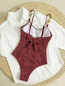Swim Mod Traje de baño de una pieza con tirantes de espagueti, corte alto y espalda descubierta, de estilo elegante para playa y vacaciones, de punto jacquard para primavera/verano - Burdeos - Ver 2