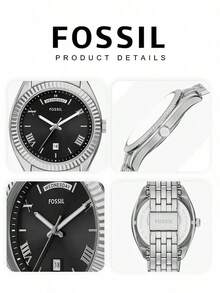 Fossil 男士腕表，采用经典银色不锈钢表带、锯齿表圈、黑色太阳纹表盘，搭配罗马数字时标，显示星期和日期，搭载石英机芯，走时精准。设计经久耐用，优雅大方，商务休闲皆宜，是男士/男孩的理想礼物。型号：FS6139。 - 黑色 - 查看 7