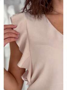 V-Neck Ruffle Trim Sleeveless Blouse, Elegant Office Wear Summer - Baby Pink - View 5