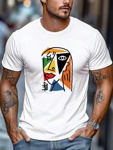 Camiseta de talla grande para hombre, relajada y casual, simple y elegante, camiseta de verano casual de manga corta y cuello redondo con estampado de rostro de estilo geométrico abstracto, TALLA GRANDE - Gris - Ver 12