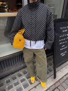 Blogger New Autumn Women Polka Dot Print Drawstring Dropped Shoulder Loose Style Jacket Black - Black - View 2
