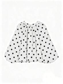 Blusa elegante y casual de lunares para mujer - Cuello con lazo, mangas farol, corte holgado, diseño con volantes para vacaciones - Blanco - Ver 8