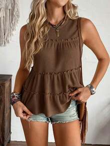 Chaleco holgado de mujer con cuello redondo y ribete de volantes en unicolor, adecuado para vacaciones, oficina, uso diario, estilo occidental, estilo bohemio, babydoll - Negro - Ver 10