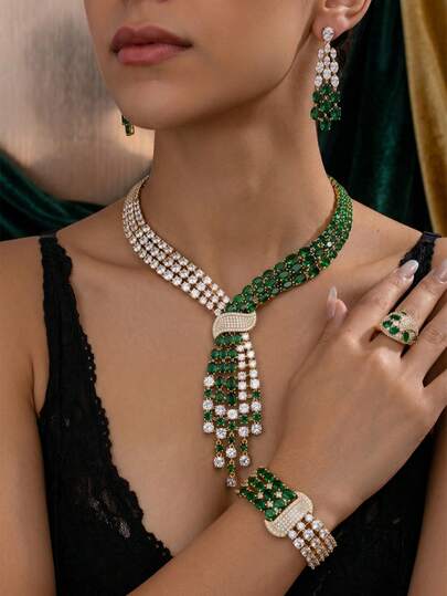 Set de 4 collares con borlas y piedras de circonita, con circonita artificial incrustada, que representan lujo y elegancia, adecuados para reuniones formales, bodas, regalos para el Día de la Madre y otras ocasiones