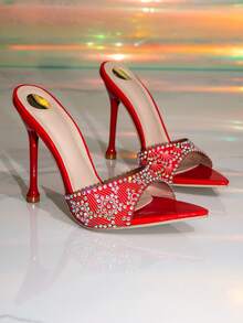 Pointed Toe Mule Solid Color Sexy Stiletto High Heel Women Sandals - Red - View 7