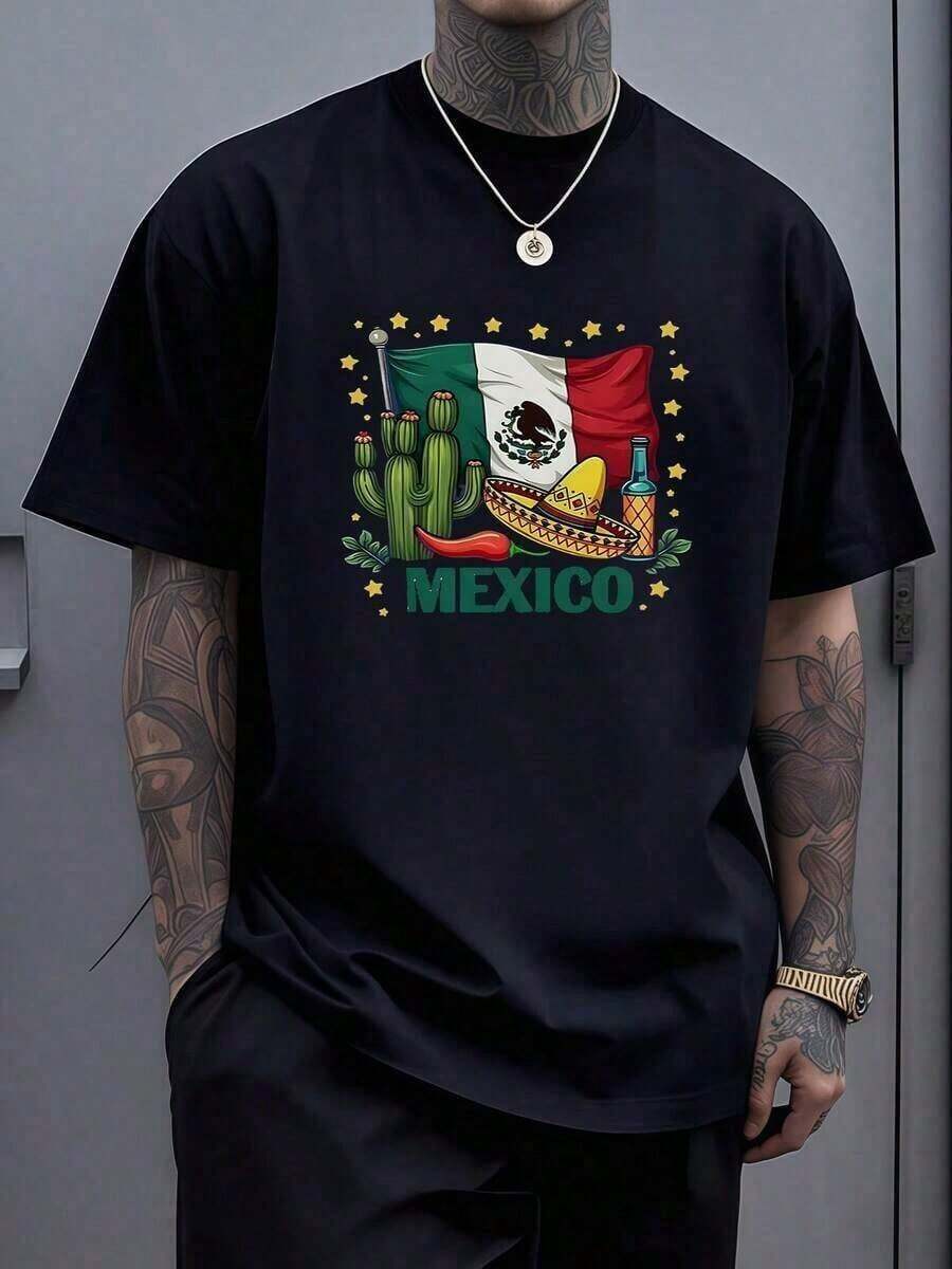 softsoftSímbolos culturales mexicanos con bandera cactus chile sombrero tequila y elementos tradicionales que transmiten orgullo y pasión por México camiseta de hombre 100% algodón adecuada para uso diario y ocasiones casuales transmisora de estilo vibrante y únicocoolcool - Negro - Ver 1