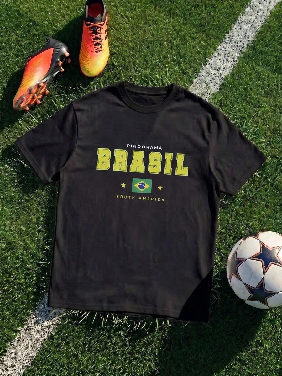 1 Piece Regular Fit Casual Sport Unisex Summer Fashion Short Sleeve T-Shirt With Round Neck World Cup 2026 Style USA Canada Mexico Black Color With BRAZIL Letter Print Pindorama South America And Star Flag 2026 Fan Clothing Gift For Football Lovers Daily Wear - 白色 - 查看 1