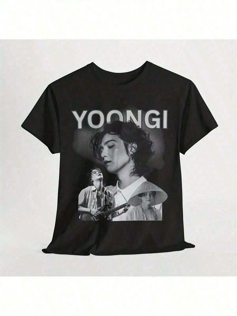 YOONGI Unisex Graphic T-Shirt | Eye-Catching White Retro Celebrity Style T-Shirt With Lettering And Portrait Prints | Casual Crew Neck, Short Sleeves, Perfect For Music Lovers, Slightly Stretchy Fabric, Regular Fit, Ideal For Summer. - Vintage Street Style Unisex Loose Cotton Short Sleeve Crew Neck T-Shirt - 黑色 - 查看 1