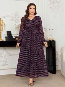 Vestido de manga larga con estampado geométrico elegante talla grande para vacaciones de primavera - Uva morada - Ver 1