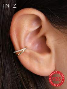 1pc 925 Sterling Silver Rhinestone Double Hoop Earrings, Cartilage Helix Hoop, 16G, 10mm, Suitable For Nose Septum, Ear Cuff, Cartilage, Nose Ring, Unisex, Suitable For Daily Wear - Drill + Smooth Piercing Ring - View 2