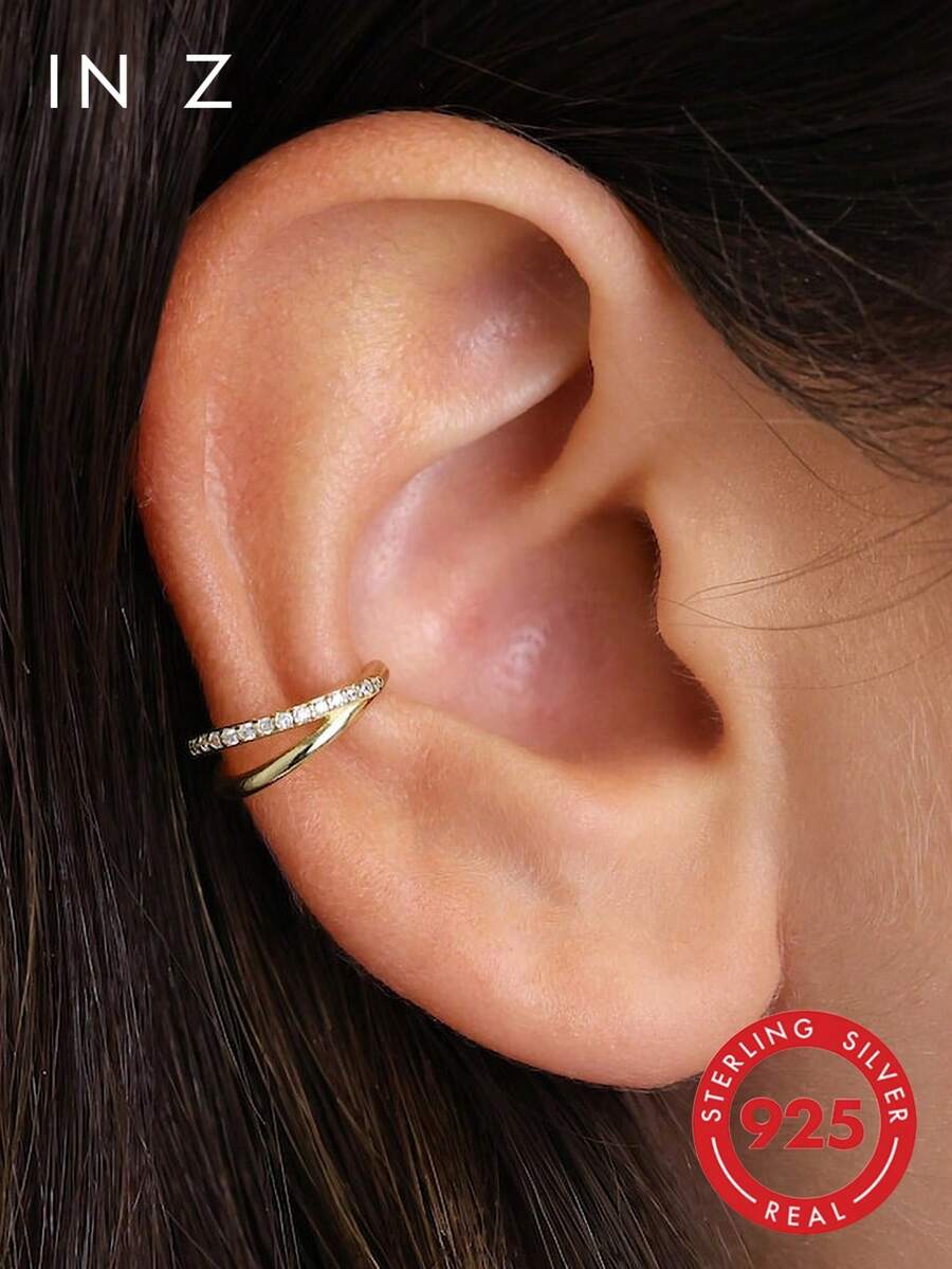 1pc 925 Sterling Silver Rhinestone Double Hoop Earrings, Cartilage Helix Hoop, 16G, 10mm, Suitable For Nose Septum, Ear Cuff, Cartilage, Nose Ring, Unisex, Suitable For Daily Wear