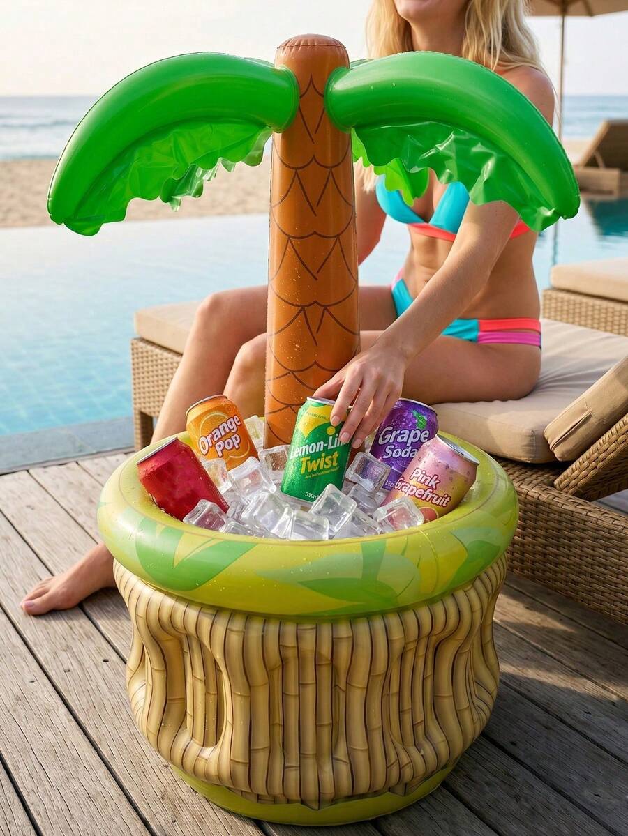 充氣夏威夷椰子樹啤酒冰桶，綠黃熱帶派對裝飾，生日慶祝飲料桶含冰容量，海灘配件，仙人掌冰桶，扶桑花圖案，紋理表面