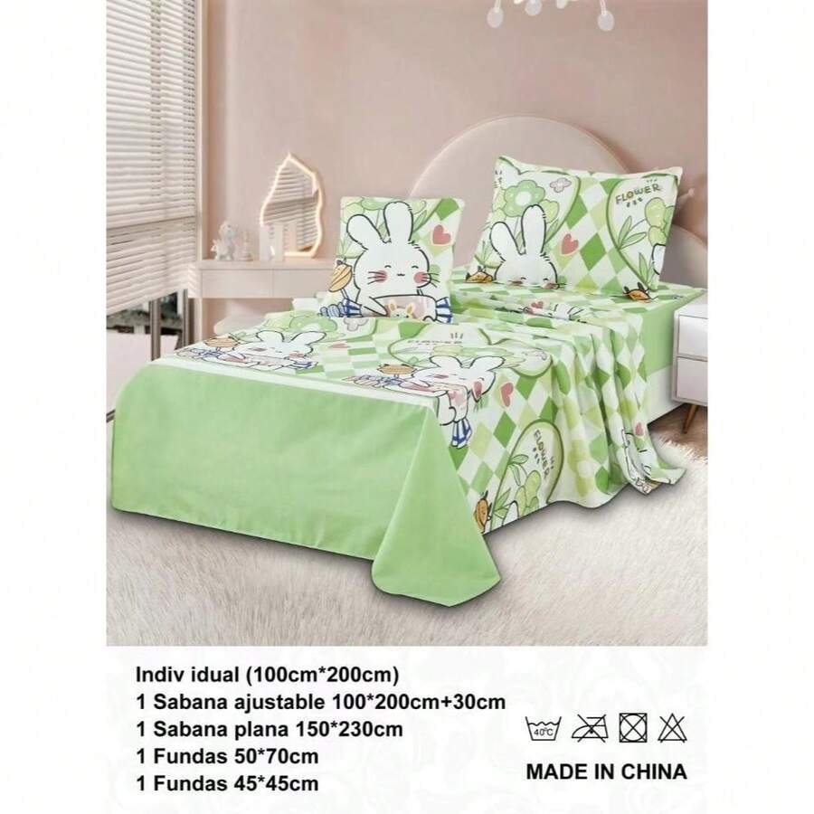 Juego de cuatro piezas, una sábana de 150 x 230 cm, una funda de colchón de 100 x 200 + 30 cm, una funda de almohada de 50 x 70 cm, un cojín de 45 x 45 cm - Verde - Ver 1