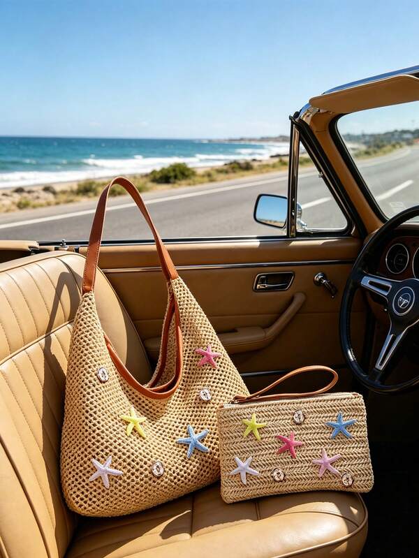 Set de 2 piezas Bolso de mano y bolso de muñeca con decoración de estrella de mar, bolso hobo de rafia tejida bohemia a juego, bolso de hombro de playa para mujer, bolso de paja de gran capacidad para vacaciones, piscina y uso diario, ideal para guardar trajes de baño, toallas y artículos esenciales, adecuado para amantes de la playa, viajeros y salidas casuales, perfecto para regalos de vacaciones de verano, cumpleaños y damas de honor, versátil como bolso de playa, bolso hobo, bolso de viaje y bolso de uso diario