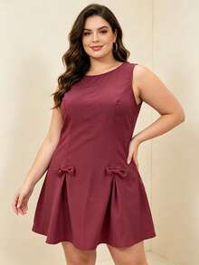 Women's Sleeveless Round Neck Mini Dress Fashionable Solid Color Plus Size Dress with Decorative Bows - Rojo - Ver 2