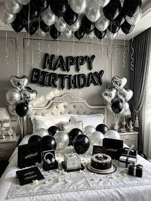 Kit de arco de globos negro y plateado de 11/60/65 piezas con 500 pétalos de rosa blanca, letras de lámina Happy Birthday de 16", globo de lámina en forma de corazón de 18", globos de látex de 10" para fiesta de cumpleaños, aniversario, decoración romántica, sorpresa de hotel y fondo de fotomatón - Negro y plata - Ver 2