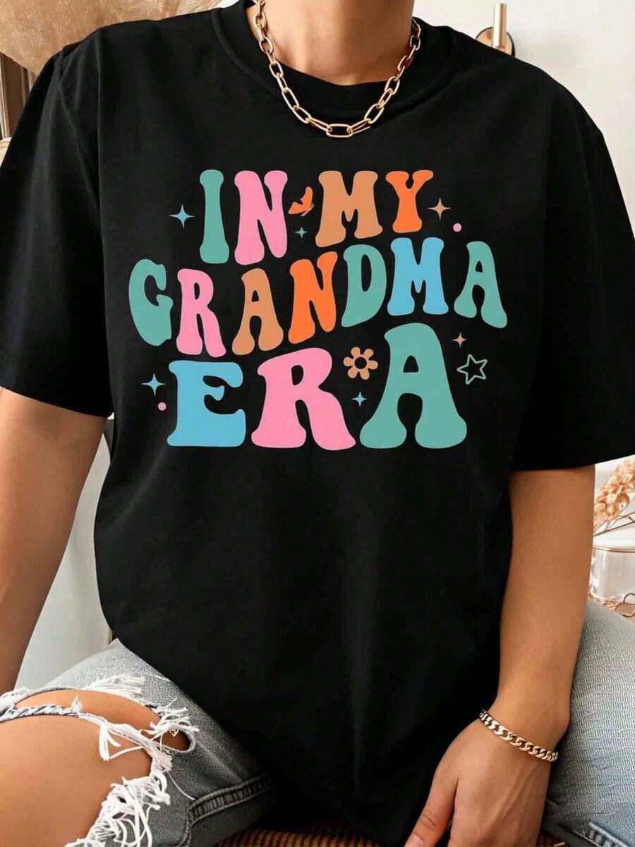 Women's Vintage Style Cotton Casual T-Shirt With 'In My Grandmother's Era' Print, Summer Festival Wear, Must-Have Gift For Grandma - 黑色 - 查看 1