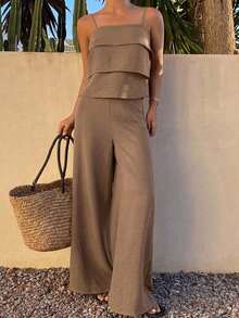 Conjunto de 2 piezas de top con volantes de tirantes amarillo y pantalones casuales para vacaciones de verano para mujer - Marrón 2 - Ver 5