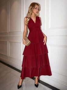 xheEllevyn Vestido de falda larga y elegante para mujer, vestido de diosa con cuello en V y cintura elástica, adecuado para banquetes y fiestas en otoño/invierno, color marrónxhe - Rojo 2 - Ver 8