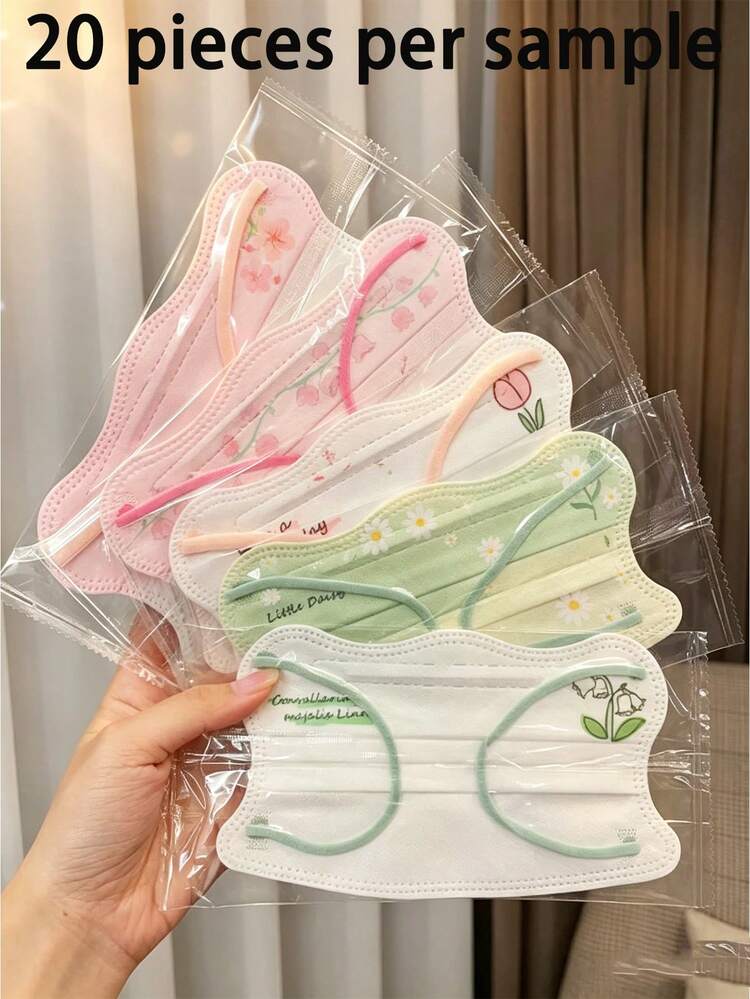 20/30/40/50/60/100个装蝴蝶图案口罩，一次性高品质可爱印花口罩，透气波浪设计，多种图案可选，适合女性佩戴。 - 彩色 - 查看 11