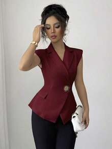 AYYElenzga Chaleco/Chaqueta sin mangas de mujer con hebilla metálica elegante y minimalistaAYY - Rosa vieja - Ver 10