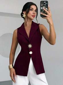 AYYFirerie Chaleco delgado de color púrpura salsa sin mangas con hebilla de metal en la cintura, elegante y sencillo, para uso diario, casual, de oficina, para graduación, maestros, vuelta al colegio, otoño, estilo antiguo, moda de verano y primaveraAYY - Rojo violeta - Ver 9