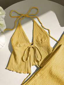 xheElamini Conjunto de top halter plisado de tela texturizada y pantalones anchos de pierna anchaxhe - Amarillo 2 - Ver 1