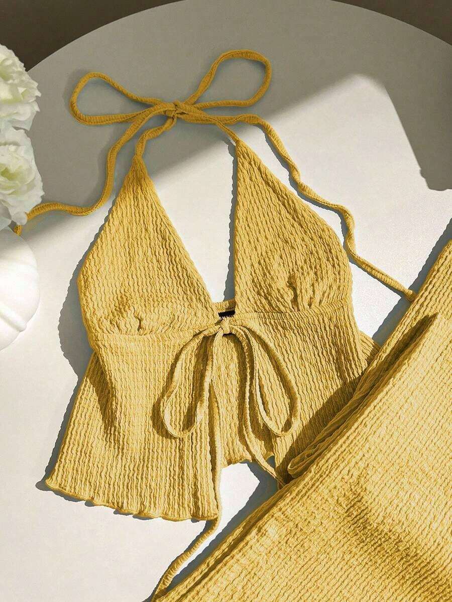 xheElamini Conjunto de top halter plisado de tela texturizada y pantalones anchos de pierna anchaxhe - Amarillo 2 - Ver 1