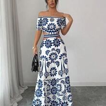 . .  Vestido de moda con estampado floral, hombros descubiertos, manga corta y cintura hueca - Morado - Ver 8