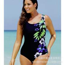 Women's Plus Size Printed One-Piece Swimsuit - Green and Purple Flowers - View 1