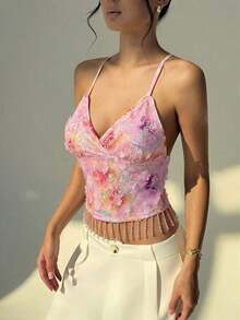 Nueva colección de primavera/verano: Parte superior blanca con flecos y lentejuelas casual y elegante, perfecta para looks inspirados en el romanticismo y el estilo bohemio para el día a día, ir al trabajo, viajar y citas. Ideal para vacaciones de verano en la playa, estilos bohemios, festivales tropicales, conciertos de música country, looks inspirados en Ibiza y atuendos con estilo occidental; conjuntos para vacaciones en la playa; atuendo para invitados de boda en la playa; conjuntos románticos y elegantes adecuados para el hogar, salidas, la playa, looks de moda, ropa casual, ir al trabajo, vacaciones y ocasiones románticas. - Rosa Pálido - Ver 4