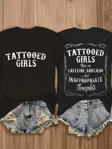 Funny Tattoo T-Shirt - Runs On Caffeine, Sarcasm And Inappropriate Thoughts, Women's Bold Graphic Tee, Retro Western Style Letter Print Short Sleeve Top, Oversized Double-Sided Graphic Tee, Women's Casual Egg Print Crew Neck T-Shirt, Women's Y2K Aesthetic Print Short Sleeve Top - 黑色 - 查看 7