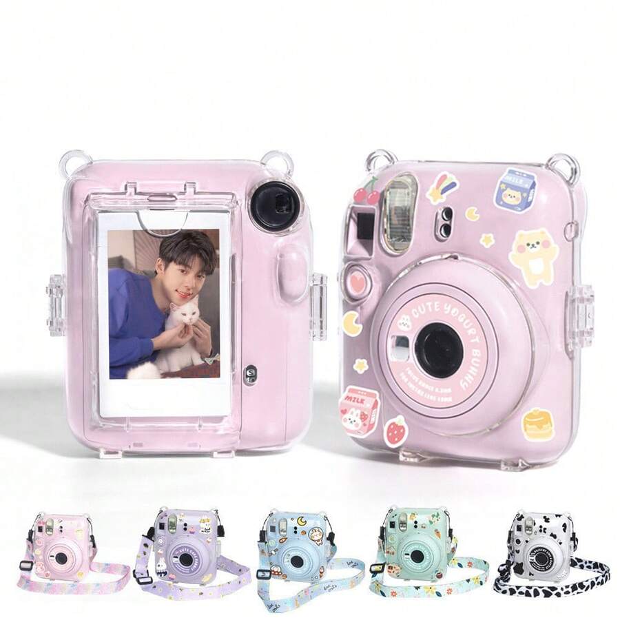Camera Bag Instant Camera Protective Case Mini 12 Protective Shell Transparent Shell Crystal Shell Shoulder Strap Stickers Photo Bag Protective Shell 3-In-1 Set Strap Ckers Crystal Shell 3 PiecesSet Exquisite Gift Fashionable Portable - View 1