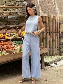 Lucivie Conjunto de dos piezas elegante y casual de rayas azules sin mangas para mujer - Blusa de encaje con flecos y pantalones de pierna ancha, conjunto de verano elegante, perfecto para vacaciones en la playa, fiestas, vacaciones y uso casual diario - Azul - Ver 7