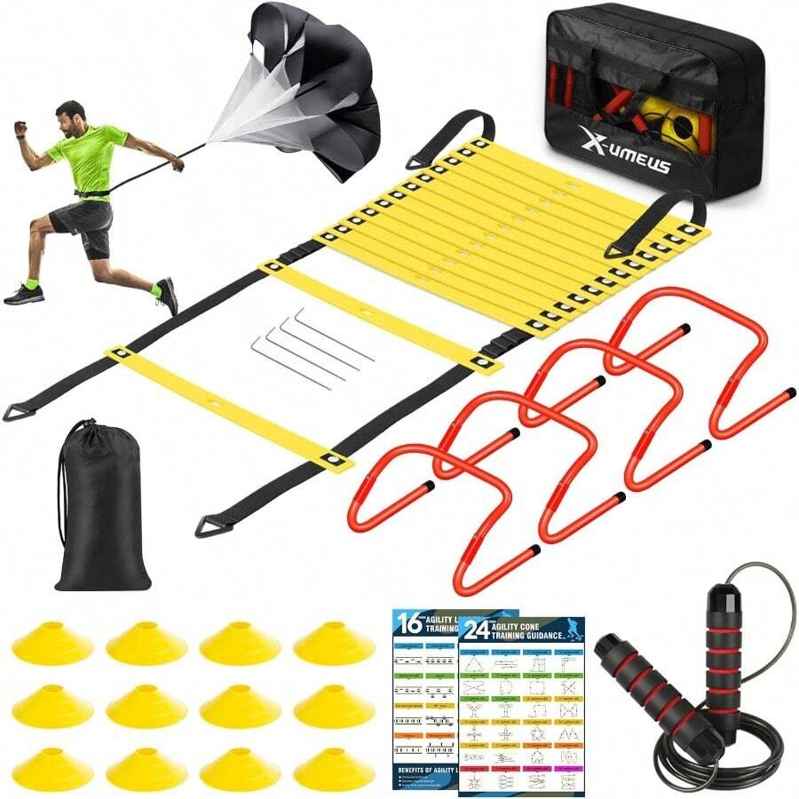 Agility Ladder Speed Training Equipment Set-20ft Agility Ladder,12 Soccer Cones,4 Hurdles, Jump Rope, Running Parachute| Basketball Football Soccer Training Equipment For Kids Youth Adults - Yellow - View 1