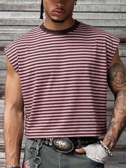  FRACTYR Men's Summer New Contrast Red Striped Sleeveless T-Shirt, American Street Style Casual Cropped Tank Top, Loose Round Neck Breathable Vest Suitable For Outdoor Wear