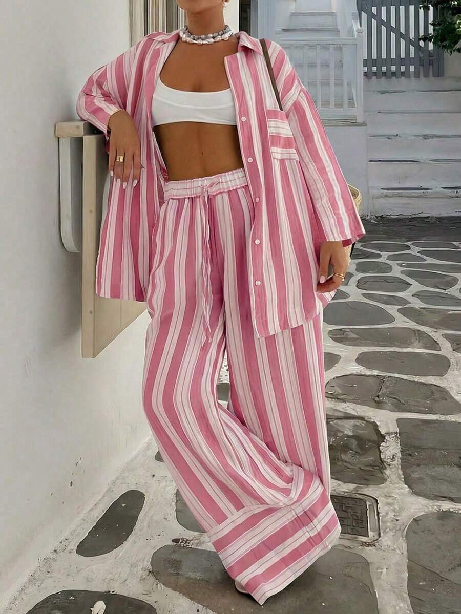 Nuevo conjunto elegante y casual de camisa bohemia a rayas con bolsillo anudado, adecuado para playa, resort, calle y aeropuerto en primavera - Rosa - Ver 1