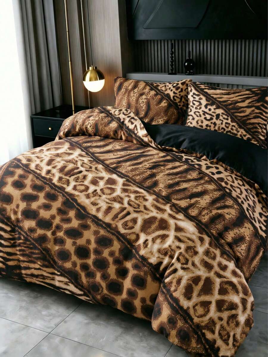 3件組豹紋動物拼接圖案床上用品套裝，隨機枕套圖案，被套套裝（1件被套 + 2件枕套，不含枕芯），柔軟保暖舒適臥室宿舍裝飾床上用品套裝