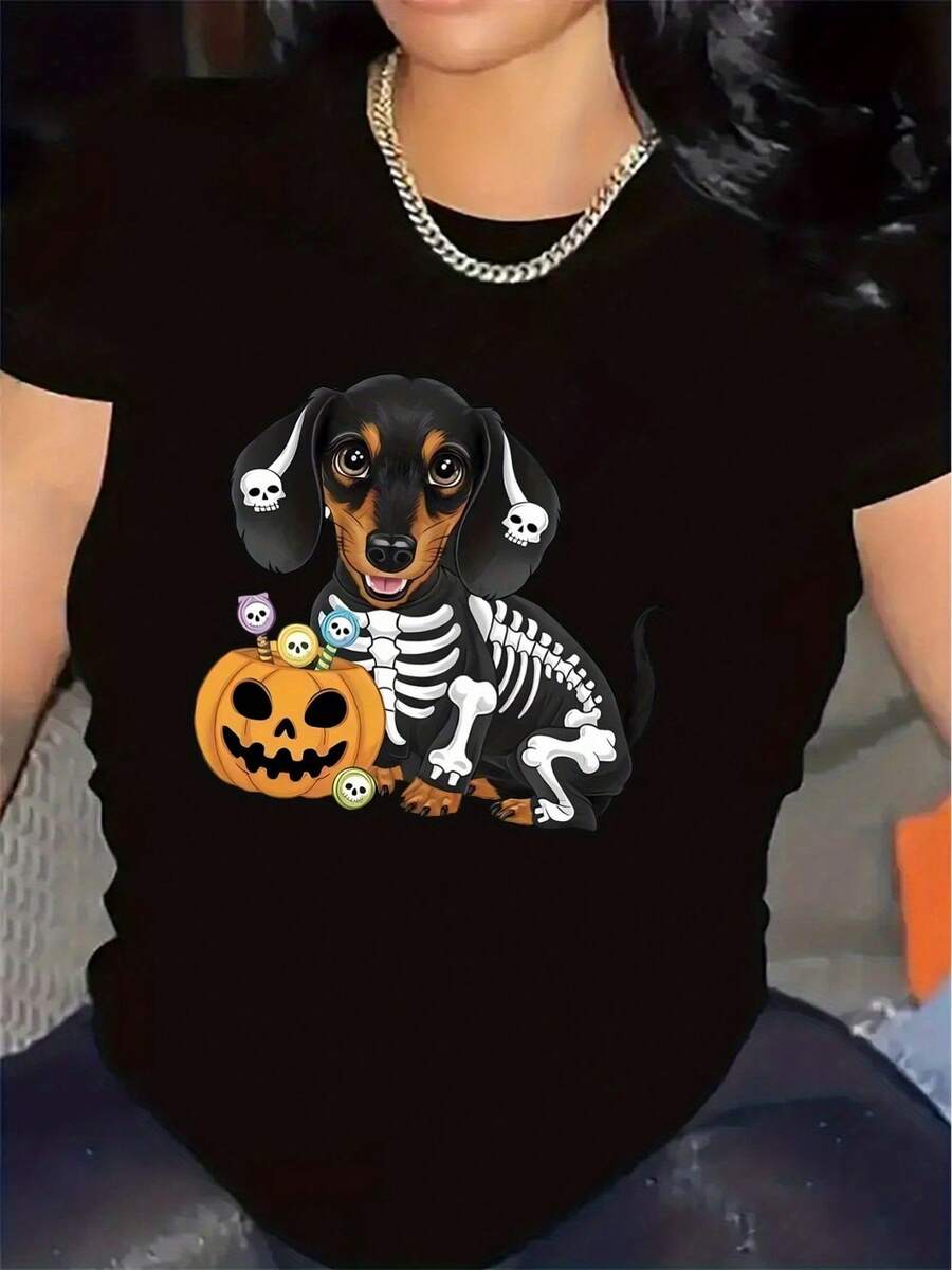 Women's Halloween T-Shirt - Cute Dachshund, Skeleton, And Pumpkin Graphic Tee, Lightweight And Durable Polyester, Ideal For Costume Parties And Casual Everyday Wear - Perfect For Halloween Parties And Pet Lovers, Halloween Clothing, Festive Gatherings, Fun Design, Comfortable Fit, Festive Clothing, Funny Print, Soft Material, Short Sleeve T-Shirt, Party Supplies - 黑色 - 查看 1