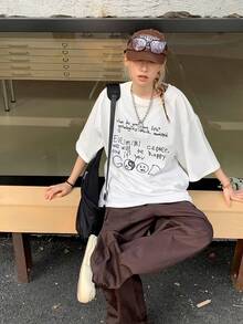 1 Pack. 100% Cotton. 100% Oversized Women's Summer Top With A Pattern - Casual White Short-Sleeved T-Shirt, Unique Letter Print, Spring-Summer Collection, Loose And Comfortable Fit. Suitable For Summer. - 白色 - 查看 6