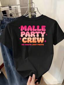 Women's Short-Sleeved T-Shirt With A Crew Neck And MALLE PARTY CREW Letter Print, Made Of 100% Cotton, With A Double Print On The Chest And Back. Casual And Comfortable Fabric, Suitable For All Seasons; Can Be Worn As A Base Layer In Spring And Autumn Or On Its Own In Summer. Neutral Style,  Heavyweight Cotton City Boy Style T-Shirt. - 白色 - 查看 7