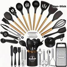 43-Piece Silicone Kitchen Utensil Set, Kitchen Utensil Set, Cooking Utensil Set, Non-Stick Cooking Utensil Set, With Wooden Handle, Kitchen Supplies, Kitchen Gadgets, Kitchen Essentials, Kitchenware Set, Ideal For Christmas. - Black - View 1